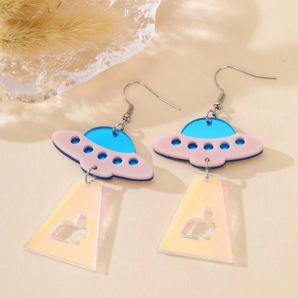 🛸 Awesome Iridescent UFO Bunny Rabbit Beam Drop Earrings 🛸
